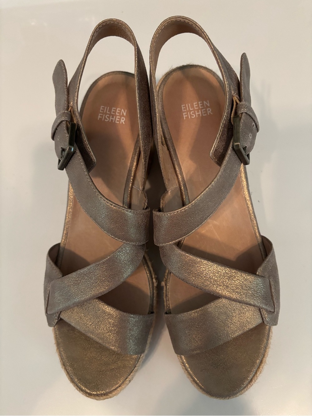 Eileen Fisher Beckon Metallic Leather Espadrilles Wedge Sandals size 9.5